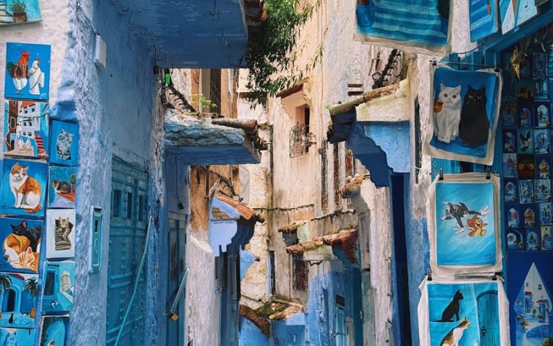 Charming street art and blue walls in Chefchaouen's narrow alley.